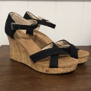 TOMS Black Canvas Strappy Wedges